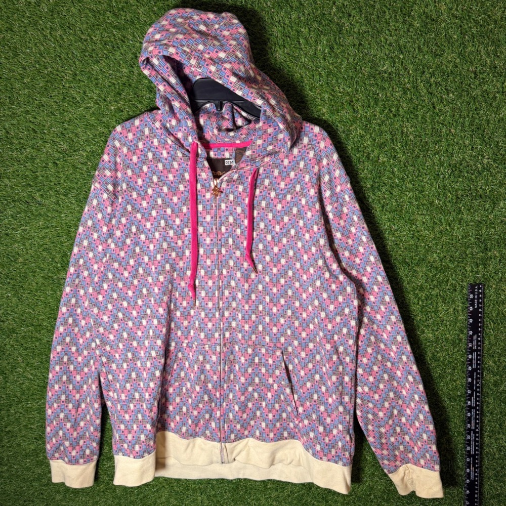 RSRV Geometric Hoodie Pink Blue Full Zip Sweatshirt Size XL Multicolor Retro Y2K